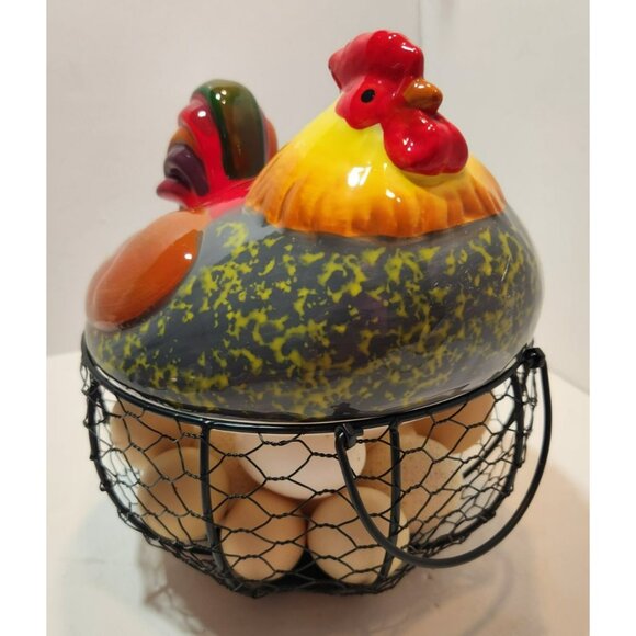 Ceramic Chicken Sitting on Black Metal Egg Basket with Eggs Farmhouse Decor - Picture 9 of 15